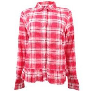 Tommy Hilfiger Women's Plaid Peplum-Hem Button Shirt, Red White, Size XS